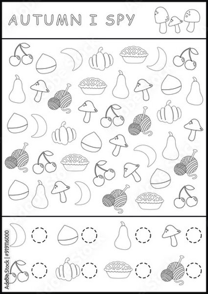 Fototapeta Fall printable worksheet in black and white. I spy game page for children. Searching and counting activity with drawing symbols. Autumn simple spotting coloring page