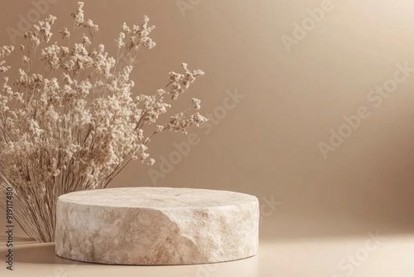 Fototapeta Abstract nature scene Stone podium composition and dry flower on beige brown background for cosmetic, beauty product branding, perfume, skin care and cosmetic backdrop. with generative ai