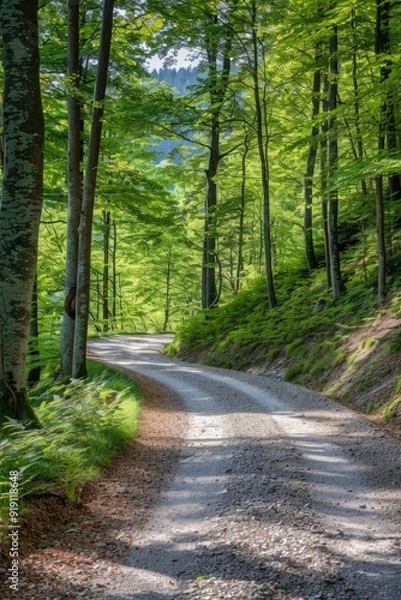 Fototapeta A dirt road surrounded by trees in a dense forest