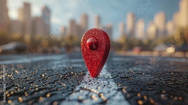 Fototapeta Red Pin on Asphalt, Cityscape in Background.