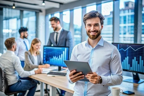 Fototapeta A smiling young professional stands in a modern office, analyzing financial data on a virtual screen, surrounded by charts and graphs, amid a busy work environment.