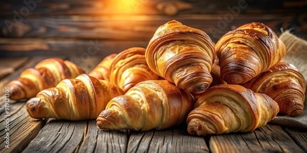 Obraz Freshly baked croissants arranged artfully on a rustic wooden table, warmly lit with soft golden tones, evoking a sense of comfort and lazy morning indulgence.