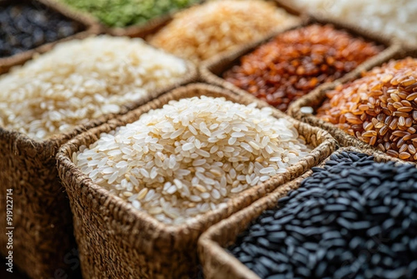 Fototapeta Close-up photo of different varieties of rice standing on store shelves