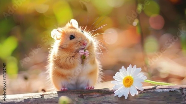 Fototapeta Cheerful Hamster with White Daisy in Vibrant Garden Setting