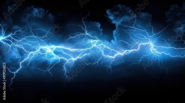Obraz A dramatic image of a blue lightning strike through dark storm clouds.