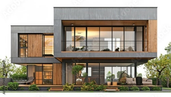 Fototapeta Modern house, front view, 3D rendering, wooden elements, glass windows, courtyard garden