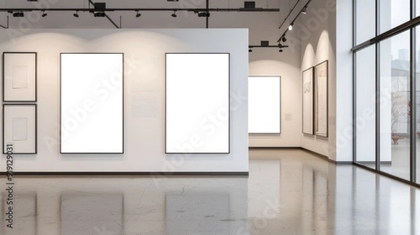 Fototapeta Blank wall frame in a modern, white-walled gallery space for mockup