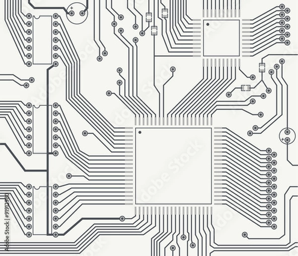Fototapeta Monochrome image of fragment of printed circuit board with the contact pads.