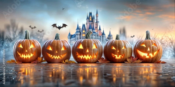 Obraz  Halloween Pumpkins  Jack-O'-Lanterns With Glowing  Faces Fantasy Fall Background Magical Fairy Tale Castle Autumn Leaves And Bats Background