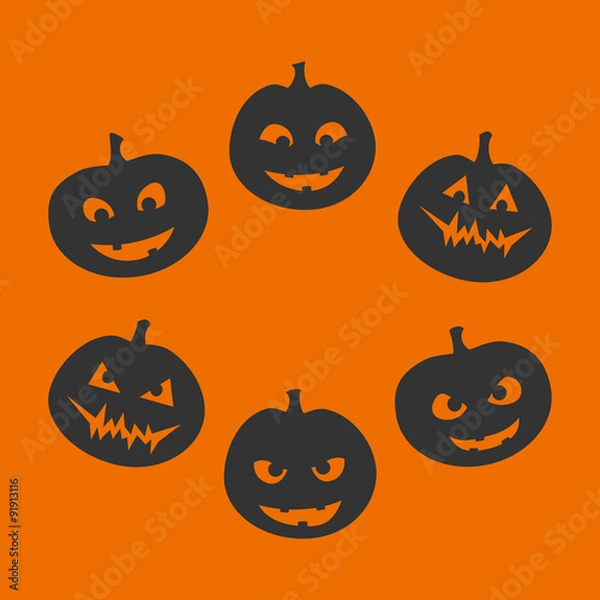 Obraz Halloween set of six silhouettes of jack-o'-lantern with a different facial expression, from good to evil, black on orange background. Vector graphics.
