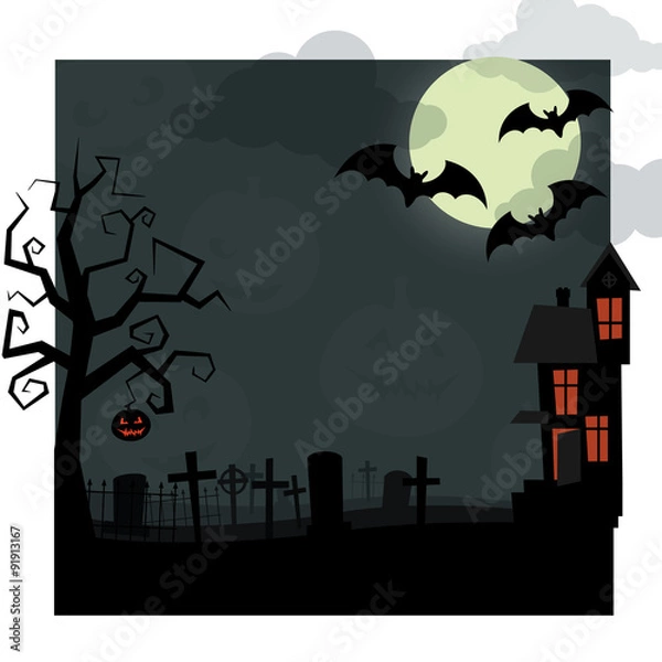 Obraz Halloween night. Dry tree, with jack-o'-lantern hanging on it, old cemetery covered with mist, the bats flying on background a big moon in the clouds, and an abandoned house, windows that glow orange.