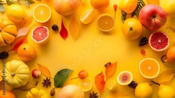 Fototapeta Citrus fruits - lemons, grapefruits - on yellow background mockup, frame top-down copy space