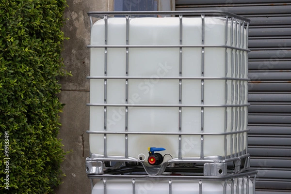 Obraz white ibc containers with steel shutter door of factory background, white plastic chemical tanks.