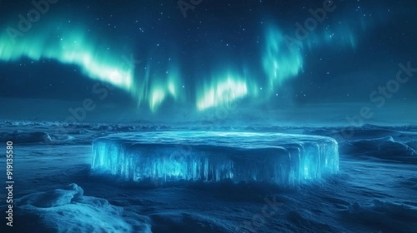 Fototapeta Icy Platform Under the Aurora Borealis in a Frozen Landscape