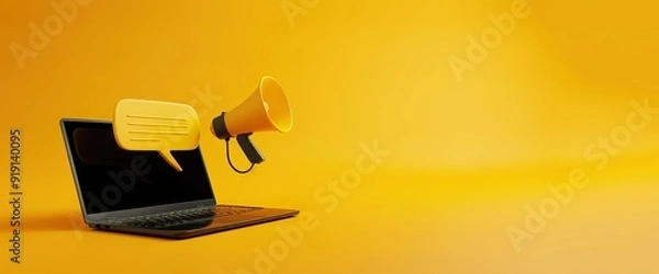 Obraz A laptop with a megaphone and a speech bubble coming out of the screen, representing online communication and marketing. The yellow background highlights the vibrant nature of online advertising.