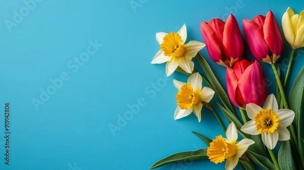 Fototapeta Floral frame with tulips, daffodils, crocuses, hyacinths - spring flowers background