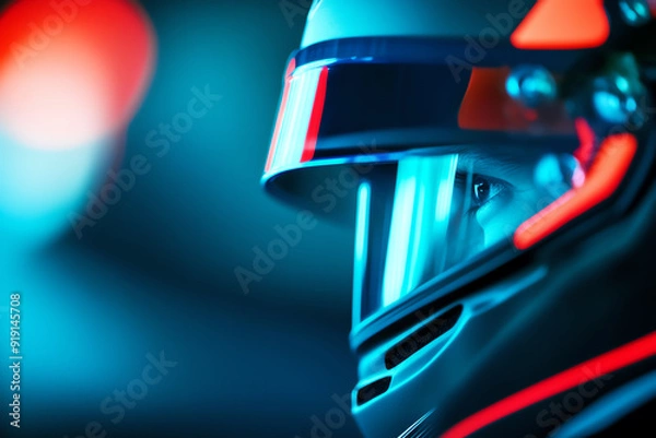 Fototapeta Driver in an F1 car cockpit, fully strapped in with HANS device and halo visible, symbolizing the critical role of safety at high speeds, F1, speed, protection