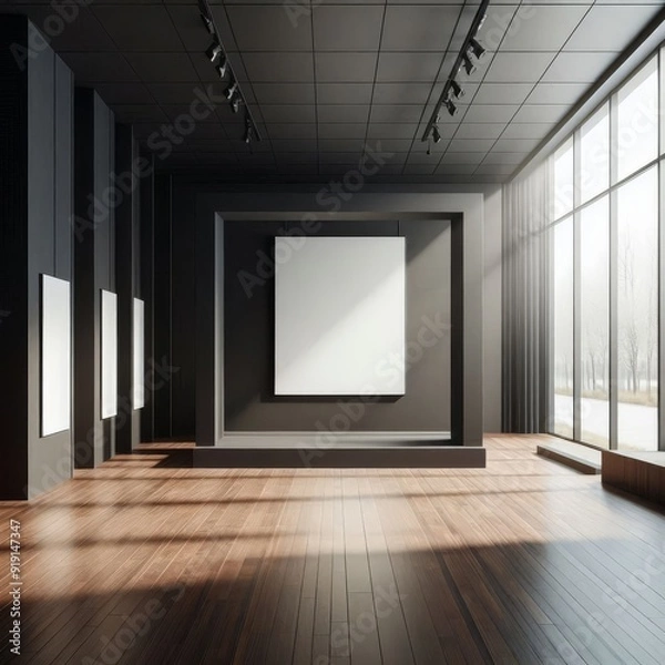 Fototapeta Modern empty gallery interior with mock up place on dark wall, wooden, flooring and windows with daylight. 3D Rendering.
