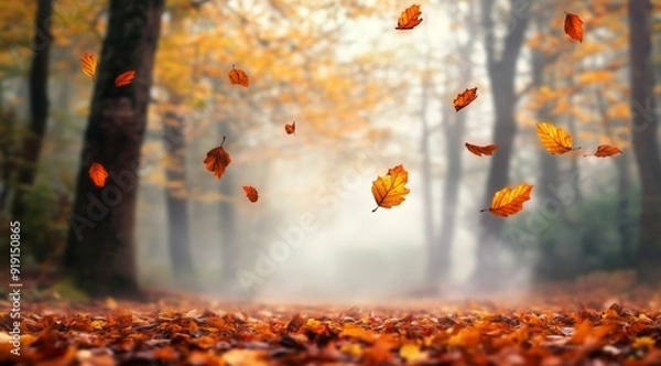Obraz Autumn Leaves Falling in the Air, Enchanting Forest Scene