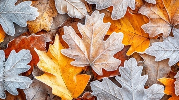 Fototapeta Frost-covered autumn leaves are captured in detail, emphasizing the intricate textures and vibrant colors that highlight nature's transformation.
