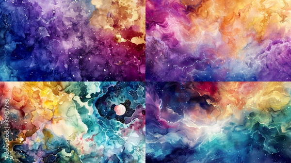 Fototapeta Watercolor crystalline texture on celestial themes, cosmic colors, and mystical cosmic scenes 