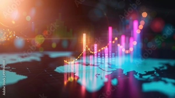 Fototapeta A conceptual image illustrating global market expansion, featuring a world map overlaid with upward-trending financial graphs and charts. The design emphasizes financial growth and international