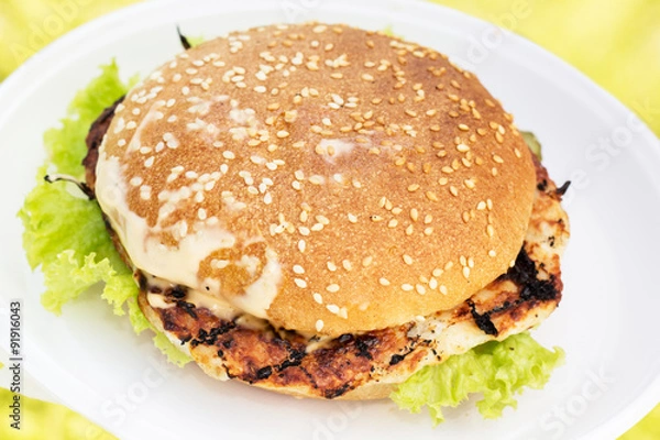 Fototapeta Grilled hamburger with bacon on a white plate.