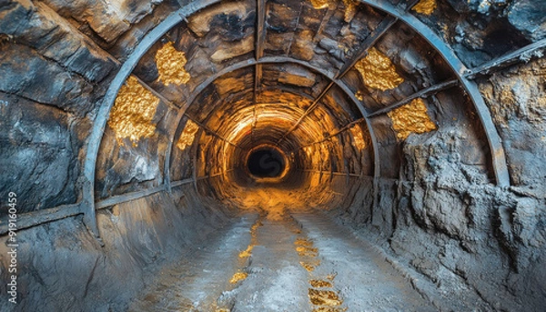 Fototapeta Image of an old gold mine tunnel with tracks on the ground