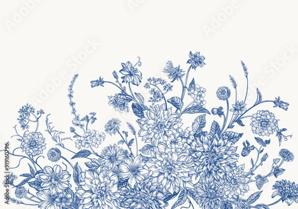Obraz Vintage card with garden flowers in engraving style. Bouquet with chrysanthemums, dahlias, dogwood berries, zinnias, spikelets. Vector botanical detailed illustration. Blue