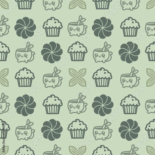 Fototapeta Cute kawaii pattern with cupcakes, tea cups, and flowers in pastel green. Seamless vector design for fabric or wallpaper.