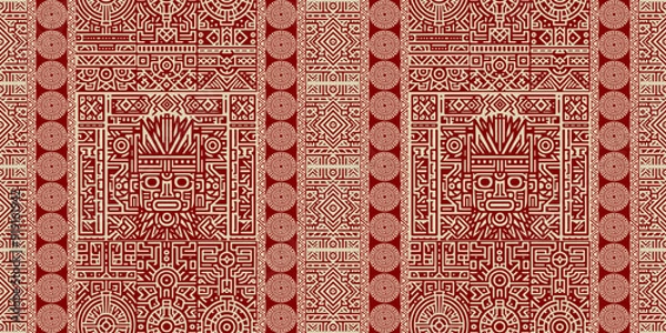 Fototapeta Intricate red and beige Aztec-inspired pattern with geometric shapes, symbols, and stylized mask designs.