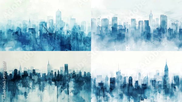 Fototapeta Watercolor gradient wash of city buildings, blending soft blues and greys, creating a tranquil and modern scene
