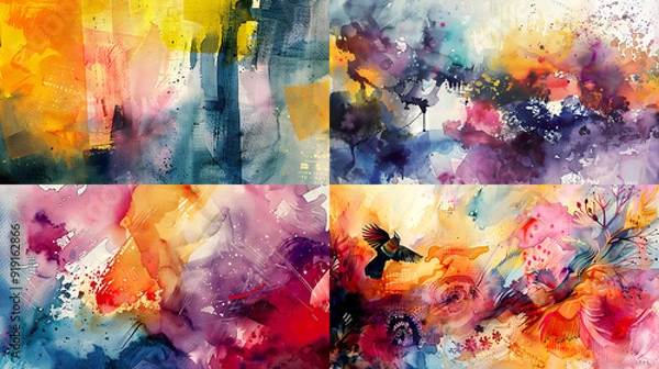 Fototapeta Watercolor grainy wash, bold shades of abstract designs, creating a lively and textured scene