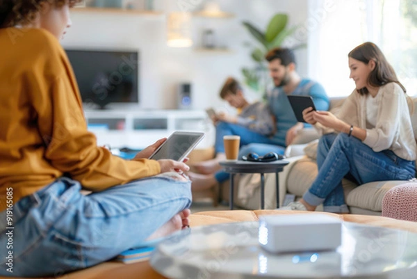 Fototapeta Family Using Multiple Devices Connected to Smart Power Strip in Stylish Modern Living Room