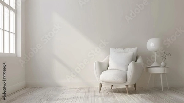 Fototapeta 
Modern living room interior with a white armchair, white side table and white lamp a white wall background. Minimalist home design concept, it presents a simply decorated space