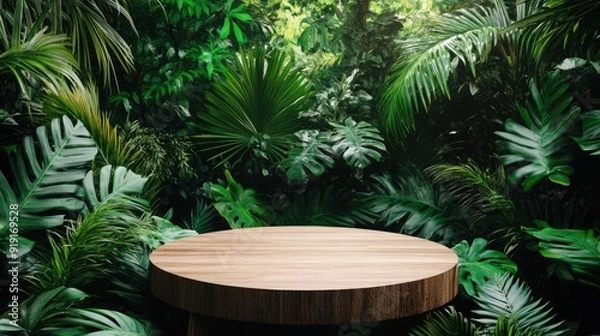 Fototapeta A wooden podium placed in a vibrant tropical forest, surrounded by lush plants, ideal for showcasing natural products.