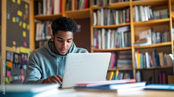 Fototapeta A young African American teacher working online on a laptop in a bright and organized home office environment surrounded by educational materials and books illustrating the modern blend of remote