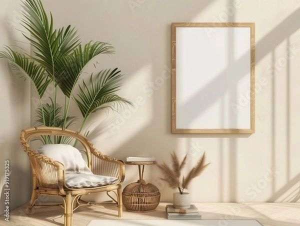 Fototapeta Modern room wall with a beautiful plant and vintage photo frame mockup, copy space