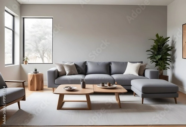 Fototapeta A modern living room with a gray sofa a white lamp and wall poster decorative .