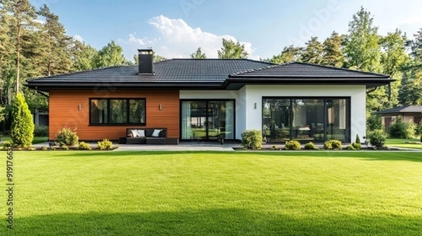 Fototapeta Beautifully maintained lawn in front of a modern one-story house with large windows