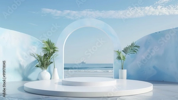Fototapeta Podium for summer product display, sea beach background, 3D render, pastel colors, minimal style.