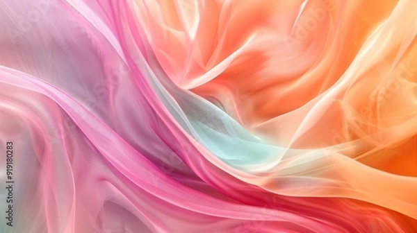 Fototapeta The background has graceful curves and lines of pink, teal, and orange. Concept of fluidity fabric, of sand swirling, of elegance and movement. Hharmonious striking design 