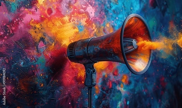 Fototapeta conceptual advertising banner on digital media marketing theme with wireframe megaphone or loudspeaker on colorful background.