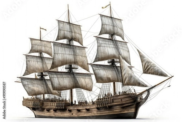 Fototapeta Vintage sailboat, sail ship isolated on white background.
