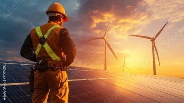 Fototapeta A man in a yellow and orange vest stands in front of a wind farm