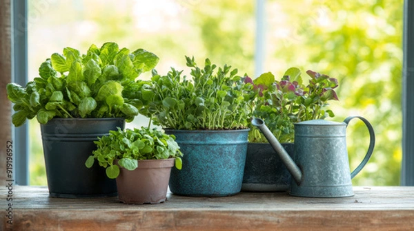 Fototapeta Small, juicy plants in pots and a watering can on a wooden table, a perfect setting for home gardening.