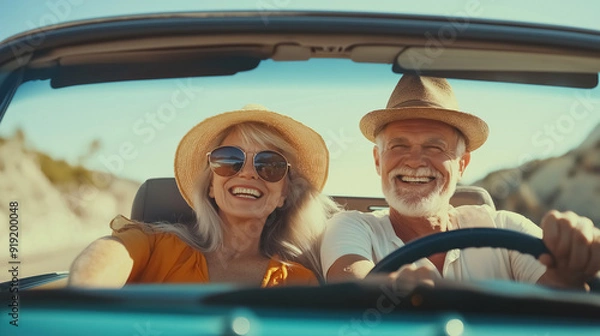 Fototapeta A joyful senior couple during a road trip. They are happily seated in their car, with a picturesque view of the open road and countryside behind them
