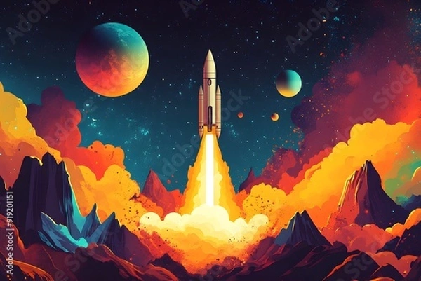 Fototapeta Rocket Launch into Space with Colorful Planets.