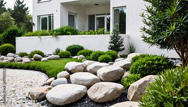 Fototapeta Jardin moderne avec aménagement de pierres