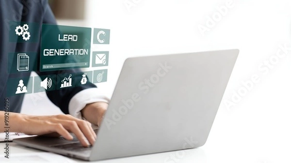 Fototapeta A person using laptop with visual lead generation concept.